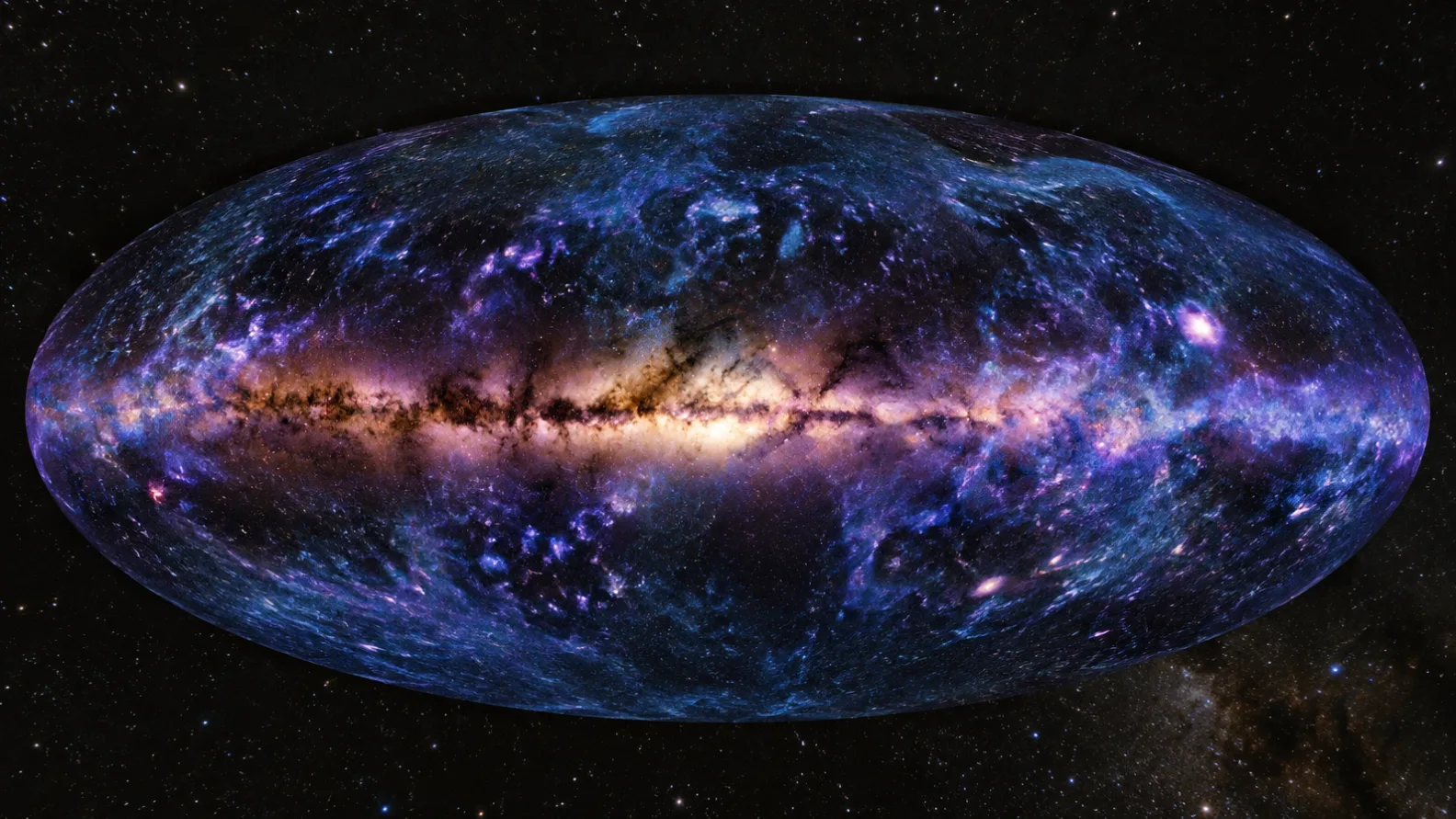 Article: Claude helped create an ultraviolet map of the sky by filling gaps in observations
Summary: On October 8, Anthropic published astrophysicist Brice Ménard’s account of creating a complete ultraviolet map of the sky with Claude Science. The project combined archival observations with model estimates, clearly marked as such and accompanied by uncertainty estimates.
Image role: cover — the central idea
Section:
Visual subject: Full-sky ultraviolet map visualization with the Milky Way galactic plane, measure
